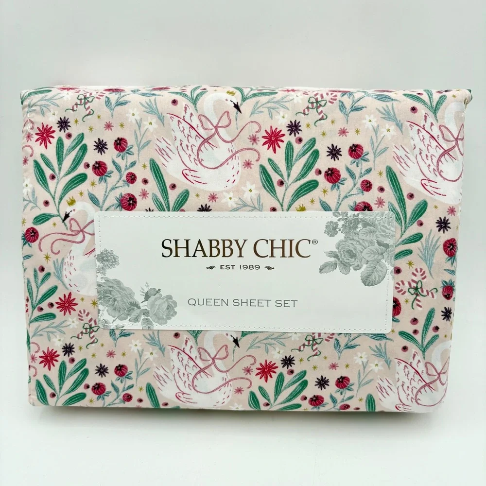 Shabby Chic Swan Floral Queen Sheet Set New in Package Blush Pink‎ Green